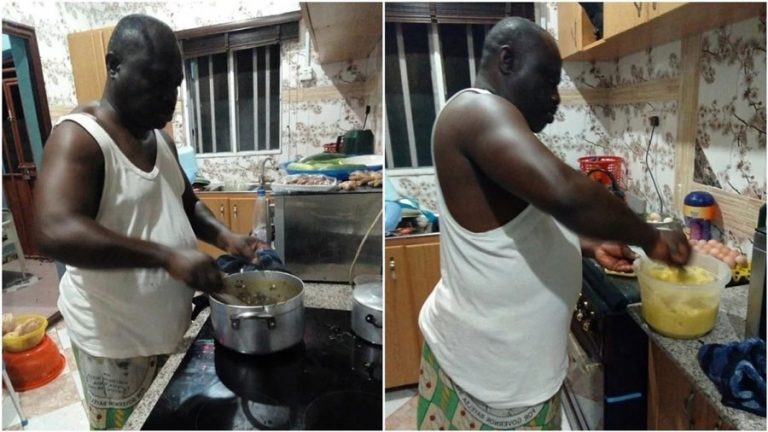 Des-Dokubi Dennis, a retired Nigerian soldier cooking in the kitchen | 3 reasons every man must help his wife with chores at home