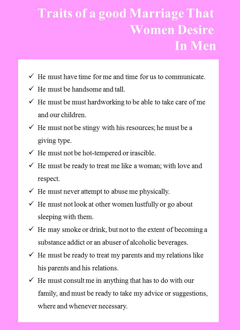 Traits of a good marriage that women desire in men