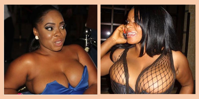 two black ladies wearing dresses that leave their breasts fully bare