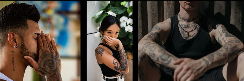 two men and a lady with tattoos all over their bodies